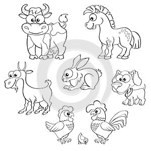 Set of cute cartoon farm animals. Horse, cow, goat, rabbit, dog, hen, and chick.