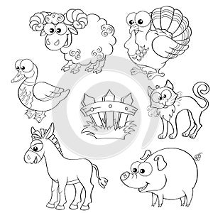 Set of cute cartoon farm animals. Sheep, turkey, duck, cat, donkey, pig and fence.