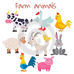 Set of cute cartoon farm animals. Vector flat illustrations