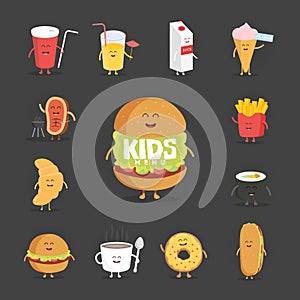 Set of cute cartoon fast food characters . French fries , pizza , donut , hot dog , popcorn , hamburger , cola