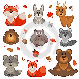 Set of cute cartoon forest animals.