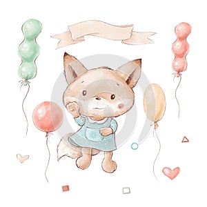 Set of cute cartoon fox with balloons and flowers