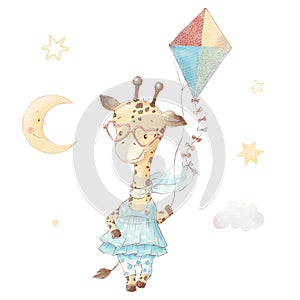 Set of cute cartoon giraffe and kite. Watercolor illustration