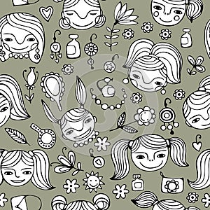 Set of cute cartoon girl's faces.Monochrome vector seamless pattern.