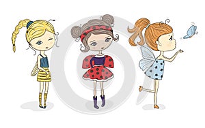 Set of cute cartoon girls in bee, ladybug and butterfly costumes