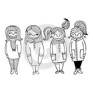 Set of cute cartoon girls. Monochrome vector illustration.