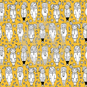 Set of cute cartoon girls. Monochrome vector seamless pattern.