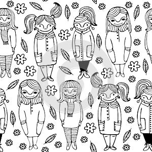 Set of cute cartoon girls. Monochrome vector seamless pattern.