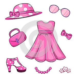 Set of cute cartoon girls pink clothes and accessories.