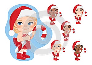 Set of Cute Cartoon Girls Red Diaper Santa Hat Holding Candy Cane vector
