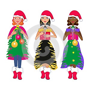 Set of cute cartoon girls in santa claus hats