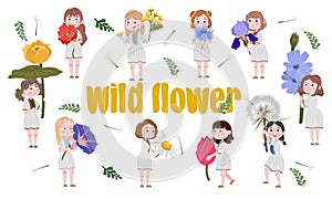 Set Cute cartoon girls in a simple dress with large wildflowers