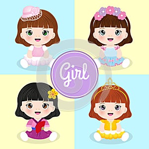 Set of cute cartoon girls with various costumes