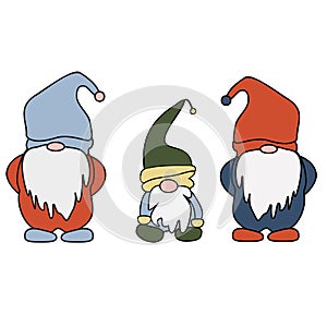 Set of cute cartoon Gnomes. Vector illustration flat design of a fairytale characters of dwarfs isolated on white.