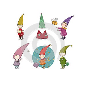 Set of cute cartoon gnomes. Vector illustration.
