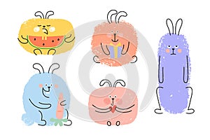 Set of cute cartoon hairs, rabbits. Hand drawn textured funny characters with gift, heart, watermelon, carrot.