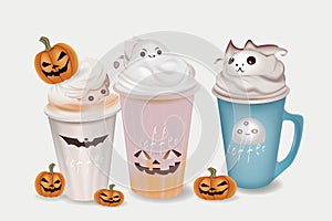 Set of cute cartoon Hallowen coffee drink vector image