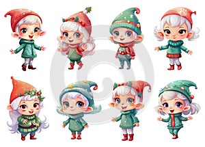 Set of cute cartoon happy smiling christmas elves girls. Isolated clipart. Generative AI