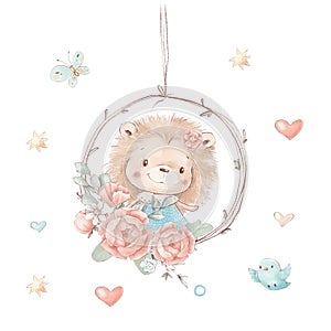 Set of cute cartoon hedgehog with flowers and butterflies