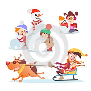 Set of cute cartoon kids,boys and girl playing in winter.