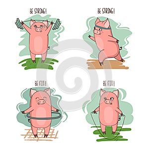 Set of cute cartoon little pigs involved in sports.