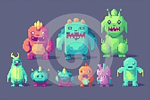 Set of cute cartoon Monsters in Pixel Art style