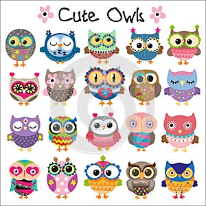 Set of Cute Cartoon Owls