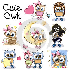 Set of Cute Cartoon Owls