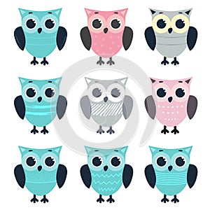 Set of cute cartoon owls