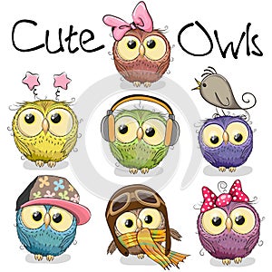 Set of cute cartoon owls