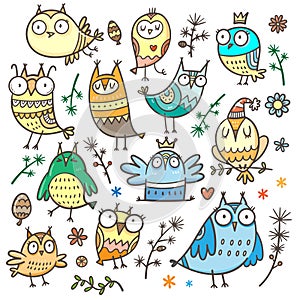 Set with cute cartoon owls. Funny animals collection. Doodle birds print. Vector herbs  poster.