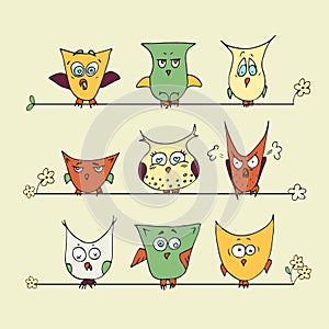 Set of cute cartoon owls on a yellow background