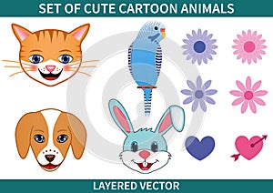 Set of cute cartoon pet animals vector illustration isolated on white background. Hand drawn dog, cat, budgerigar, rabbit