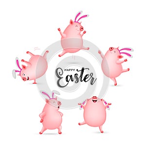 Set of cute cartoon pig dancing decorated with rabbit ear.