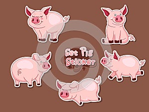 Set Cute Cartoon Pig Sticker. Vector Illustration With Cartoon Funny Animal Frame