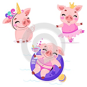 Set of cute cartoon pigs. Pig in a unicorn costume, piggy princess with a crown, piggy on the beach with a cocktail.