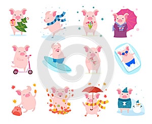 Set of cute cartoon pigs. Vector illustration for calendar, card, banner, postcard and printable.