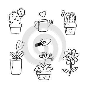 Set of cute cartoon potted plants. Vector clipart