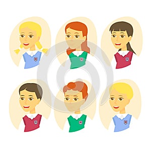 Set of cute cartoon pupils. Children icon set isolated on white background. Vector Illustration.