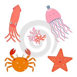 Set of cute cartoon sea creatures