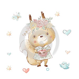 Set of cute cartoon squirrel with apple and flowers and birds and butterflies