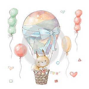 Set of cute cartoon squirrel on a hot air balloon flies