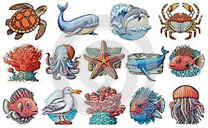 Set of cute cartoon stickers with sea animals, icons underwater life, ocean animals