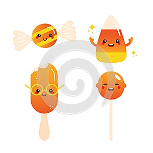 Set of cute cartoon style candy and sweet products. Funny and smiling sweets, candy corn, ice cream, lollipop characters