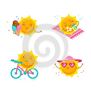 Set of Cute Cartoon Sun Characters. Kawaii Personage on Summer Vacation, Summertime Activity and Spare Time