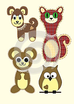 Set of Cute cartoon Teddy bear, cat, dog, owl in flat design for greeting card, invitation and logo with fabric texture.