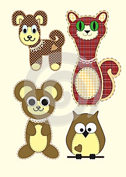 Set of Cute cartoon Teddy bear, cat, dog, owl in flat design for greeting card, invitation and logo with fabric texture. Vector