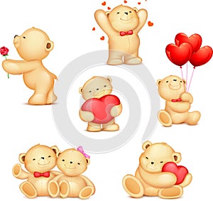 Set of cute cartoon teddy bear holding the shape of red heart. Baby illustration, greeting card