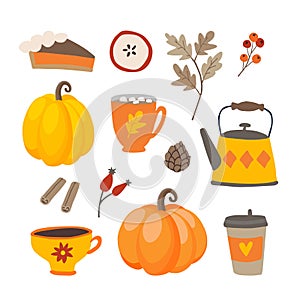 Set of cute cartoon Thanksgiving day icons with pumpkins, pie, coffee, cinnamon spice and oak leaves. Fall season