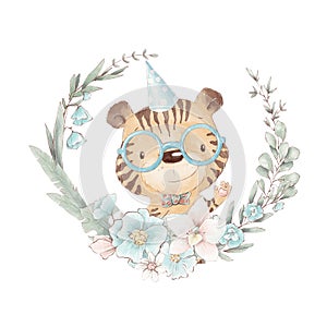 Set of cute cartoon tiger cub in a floral frame. Watercolor illustration